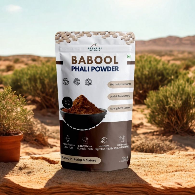 Babool Phali Powder package with desert landscape in the background