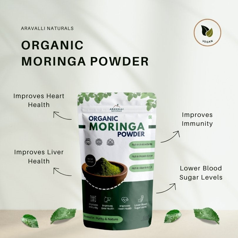 Aravalli Naturals Organic Moringa Powder with health benefits listed on a light background