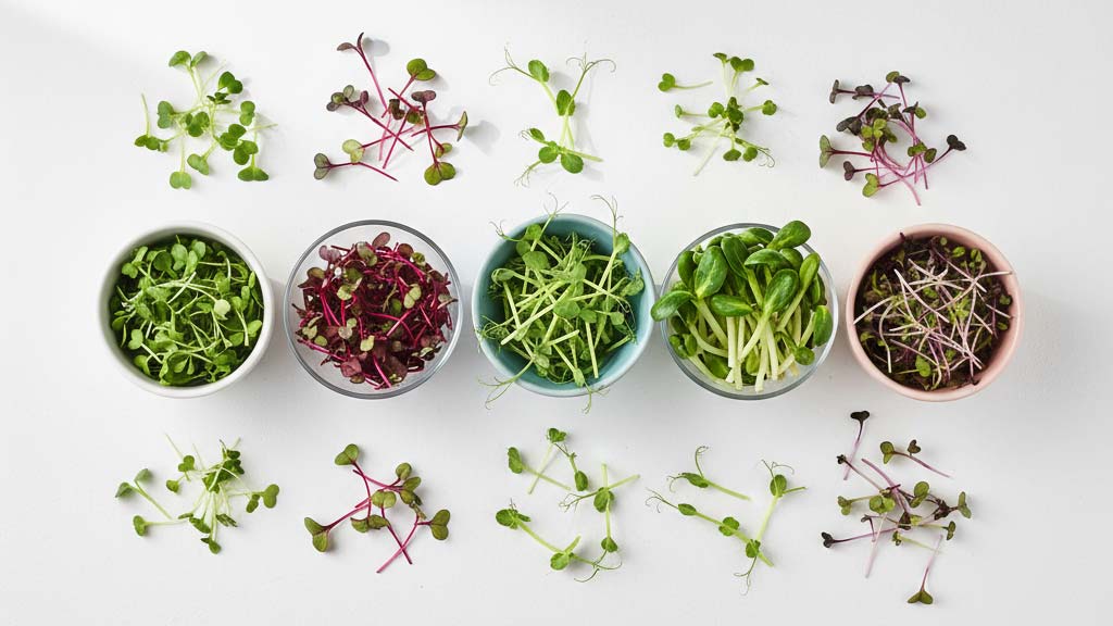 Assorted microgreens in bowls on white surface — nutrient-dense supergreens
