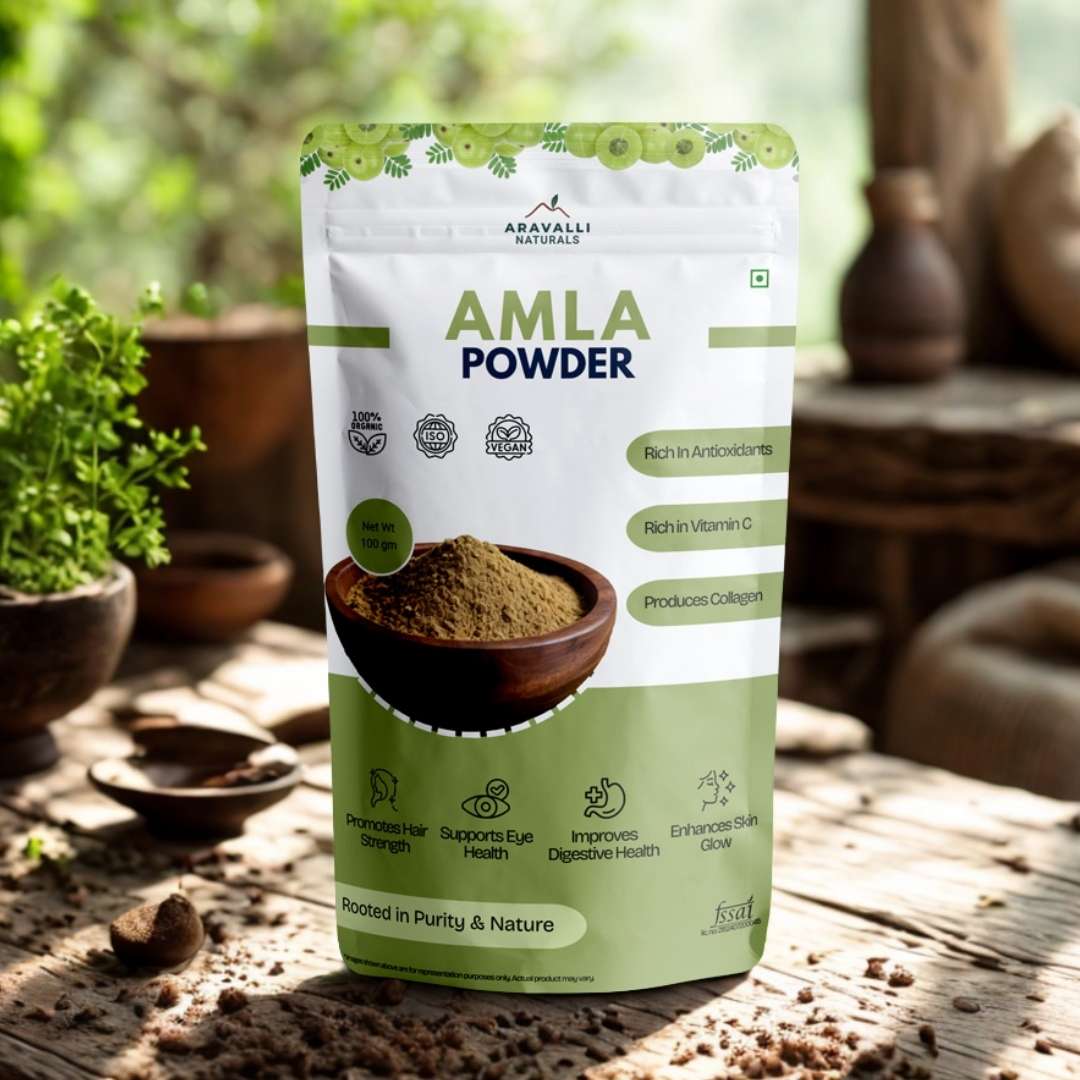 Package of Amla powder with natural background