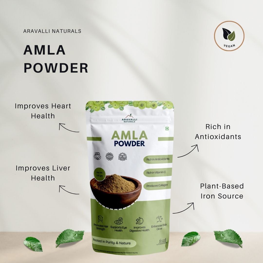 Aravalli Naturals Amla Powder packaging with health benefits text on a light gray background