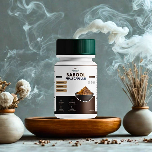 Bottle of Babool Phali Capsules with decorative elements on a table