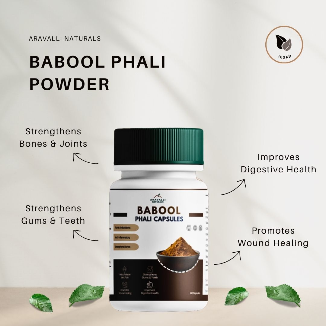 Babool Phali Powder packaging with health benefits on a light background