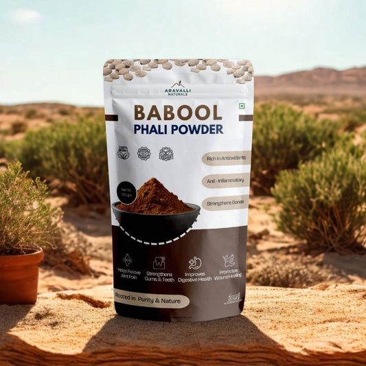 Babool Phali Powder package with desert landscape in the background