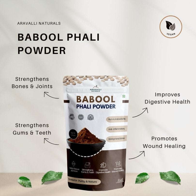 Aravalli Naturals Babool Phali Powder packaging with product benefits on a light gray background