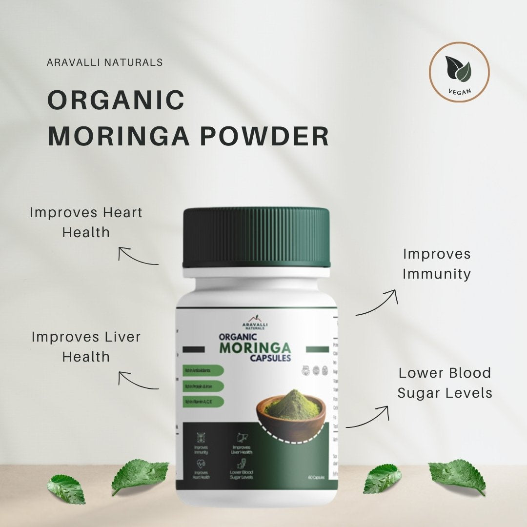 Bottle of Aravalli Naturals Organic Moringa Powder with health benefits listed on a light gray background.