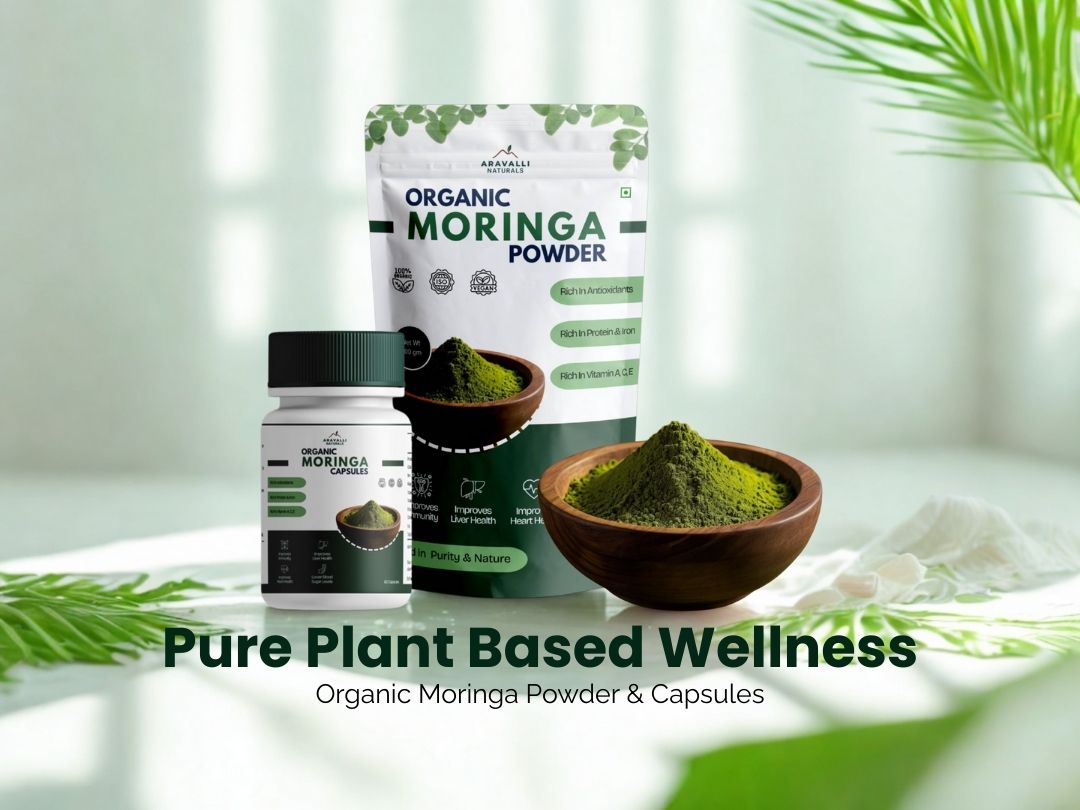 Aravalli Naturals Bestsellers: Organic Moringa Powder and Capsules with packaging on a light background