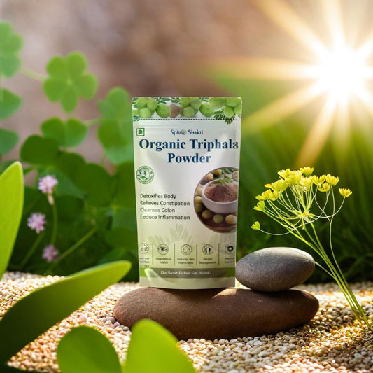 Package of Organic Triphala Powder with natural elements in the background